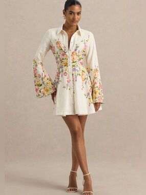 Cream Floral Button-Front Mini Dress